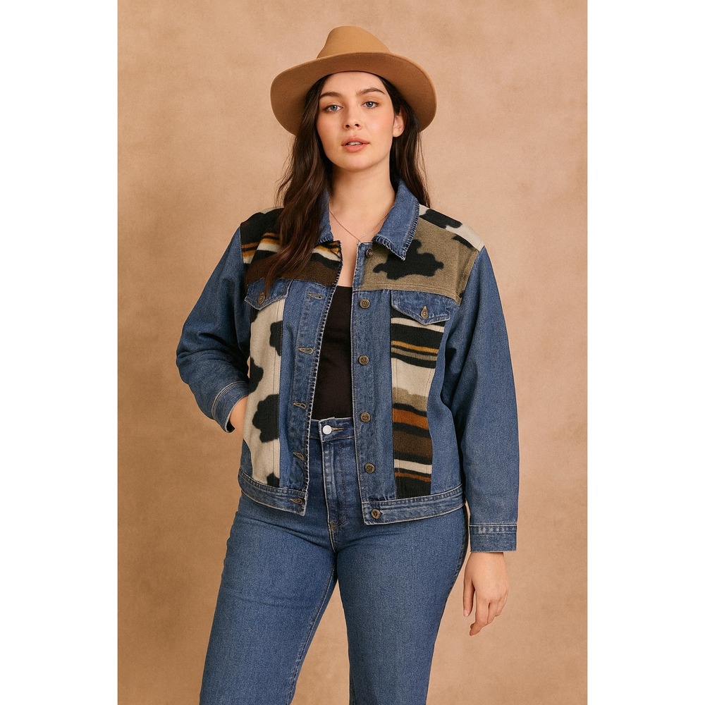 Christopher Banks Western Cow Print Denim Jacket Large Cowgirl Ranch Vintage Y2K